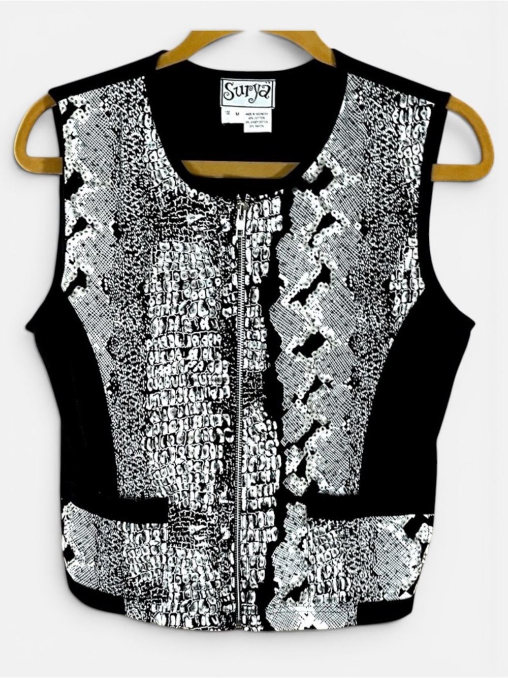 Surya Black/ White Suit Vest with Sequins Zippered Cropped